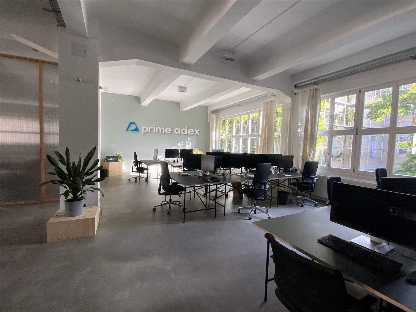 A bright open-plan office with desks, plants and the Prime Adex name on the wall